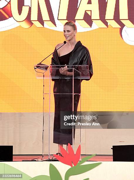 Charlize Theron speaks onstage during Charlize Theron's Africa Outreach Project Block Party 2025 at Universal Studios Backlot on June 28, 2025 in...