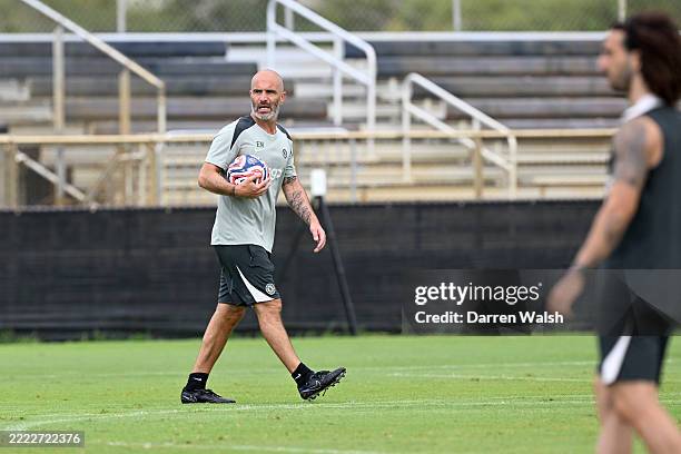 Head Coach Enzo Maresca of Chelsea looks on during a training session at Barry University on July 3, 2025 in Miami, Florida.