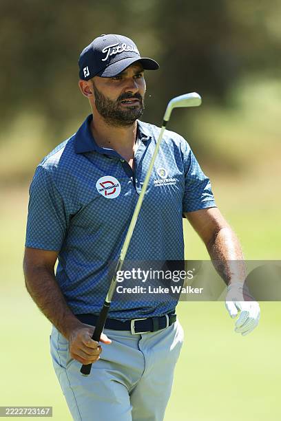 Clement Sordet of France reacts after playing his second shot on the second hole on day four of the Italian Open 2025 at Argentario Golf & Wellness...