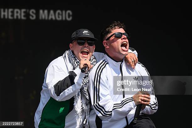 Mo Chara and Móglaí Bap of Kneecap perform on the West Holts stage during day four of Glastonbury festival 2025 at Worthy Farm, Pilton on June 28,...