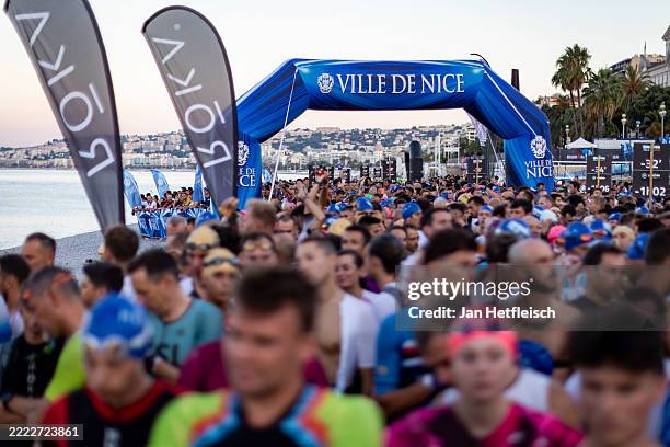 Athletes prepare for the swim leg ahead the 2025 IRONMAN 70.3 Nice on June 29, 2025 in Nice, France.