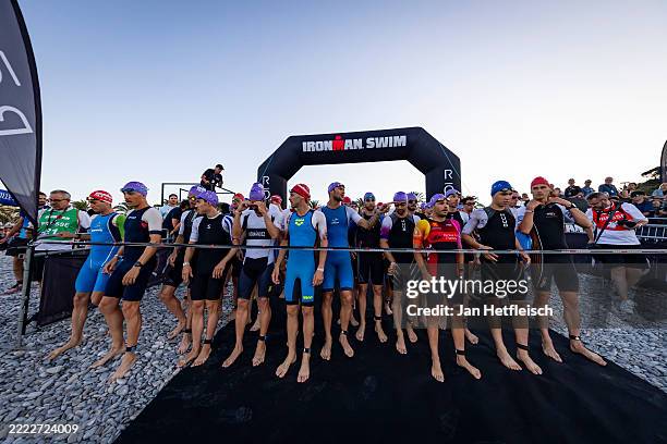Athletes compete in the swim leg during the 2025 IRONMAN 70.3 Nice on June 29, 2025 in Nice, France.