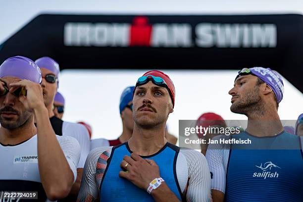 Athletes compete in the swim leg during the 2025 IRONMAN 70.3 Nice on June 29, 2025 in Nice, France.