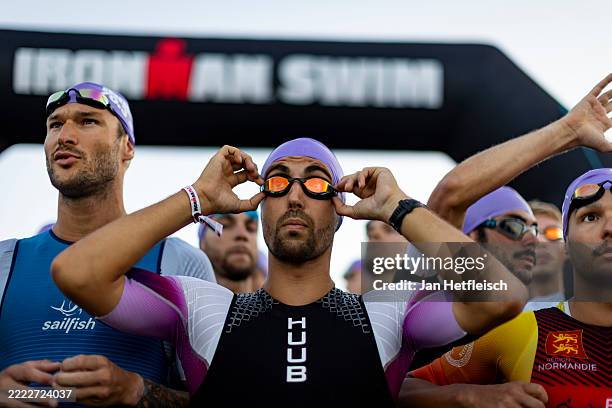 Athletes compete in the swim leg during the 2025 IRONMAN 70.3 Nice on June 29, 2025 in Nice, France.