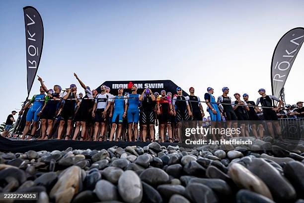 Athletes compete in the swim leg during the 2025 IRONMAN 70.3 Nice on June 29, 2025 in Nice, France.