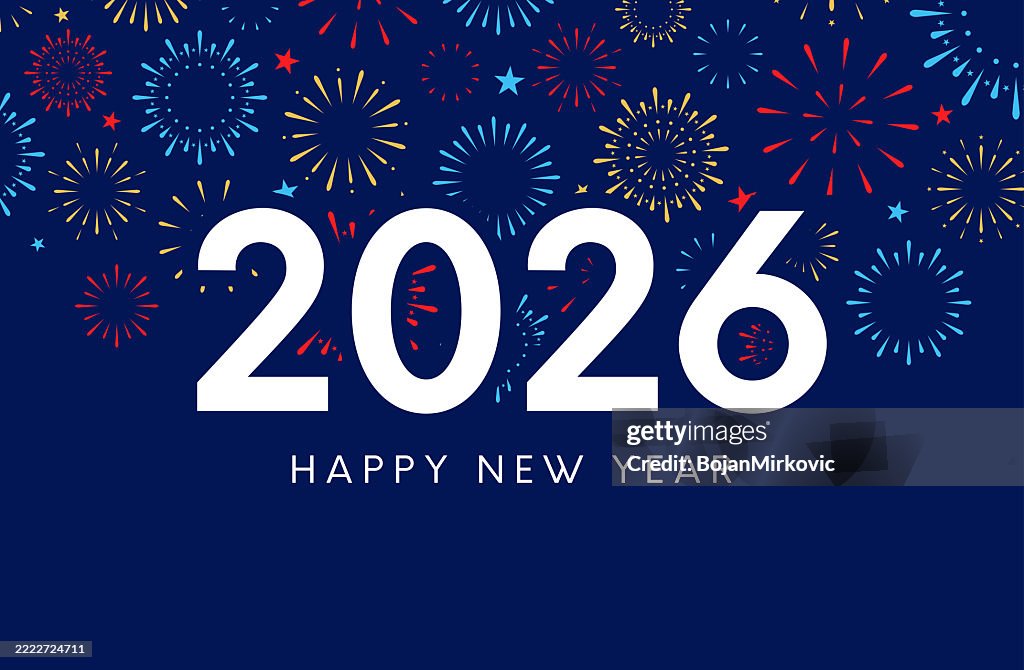 Carte de bonne année 2026, affiche avec feu d’artifice. Vecteur