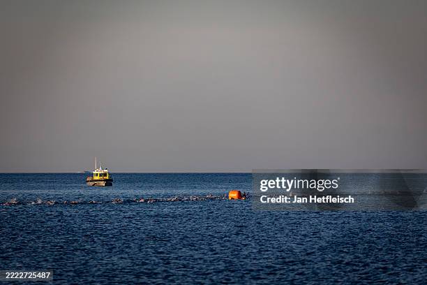 Athletes compete in the swim leg during the 2025 IRONMAN 70.3 Nice on June 29, 2025 in Nice, France.