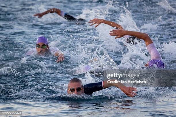 Athletes compete in the swim leg during the 2025 IRONMAN 70.3 Nice on June 29, 2025 in Nice, France.