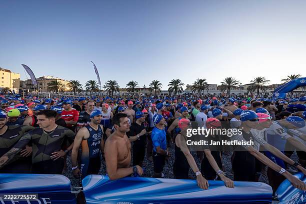 Athletes compete in the swim leg during the 2025 IRONMAN 70.3 Nice on June 29, 2025 in Nice, France.