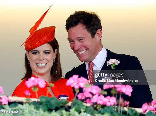 Princess Eugenie and Jack Brooksbank watch the racing from the Royal Box as they attend day five of Royal Ascot at Ascot Racecourse on June 21, 2025...