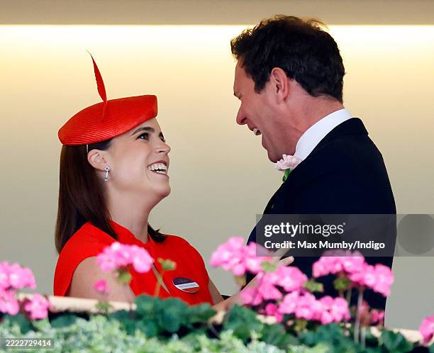 Princess Eugenie and Jack Brooksbank watch the racing from the Royal Box as they attend day five of Royal Ascot at Ascot Racecourse on June 21, 2025...