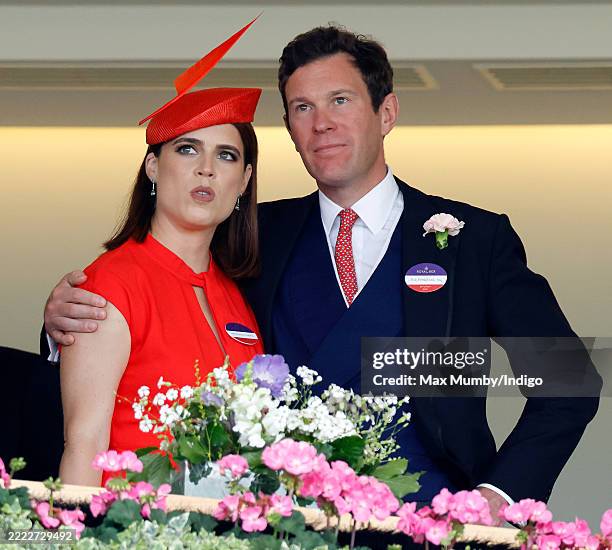 Princess Eugenie and Jack Brooksbank watch the racing from the Royal Box as they attend day five of Royal Ascot at Ascot Racecourse on June 21, 2025...