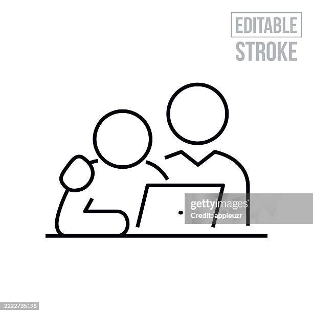 boss putting arm around an employee without consent thin line icon - editable stroke - using laptop stock illustrations