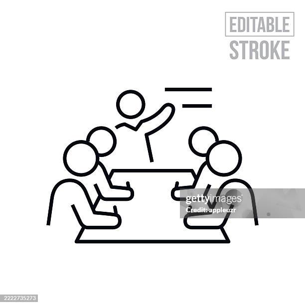 bildbanksillustrationer, clip art samt tecknat material och ikoner med business person giving presentation to the board thin line icon - editable stroke - styrelse