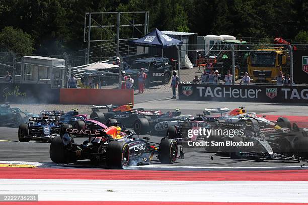 Max Verstappen of the Netherlands driving the Oracle Red Bull Racing RB21 and Andrea Kimi Antonelli of Italy driving the Mercedes AMG Petronas F1...