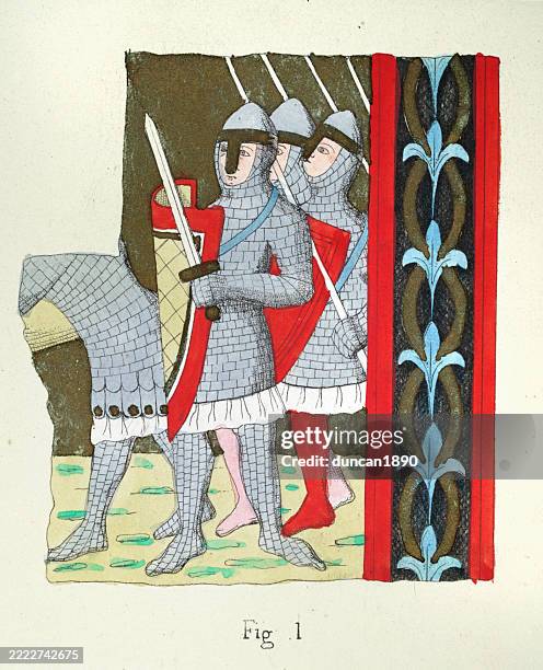 mittelalterliche militärgeschichte, mode, normannische ritter in kettenhemdrüstung, nasenhelm, bewaffnet mit schwert und schild, ca. 10. bis 11. jh. - normannische eroberung stock-grafiken, -clipart, -cartoons und -symbole