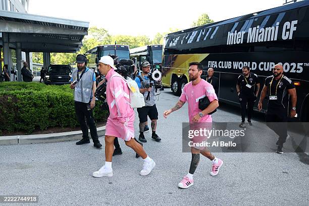 Luis Suarez and Lionel Messi of Inter Miami CF arrive prior to the FIFA Club World Cup 2025 round of 16 match between Paris Saint-Germain and Inter...