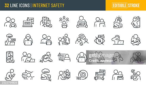 ilustraciones, imágenes clip art, dibujos animados e iconos de stock de iconos de línea fina de seguridad en internet - trazo editable - los iconos incluyen seguridad en línea, seguridad cibernética, amenaza cibernética, niños, ciberacoso, ciberacoso, privacidad, víctima, ciberdelincuente, vulnerabilidad - maltrato emocional