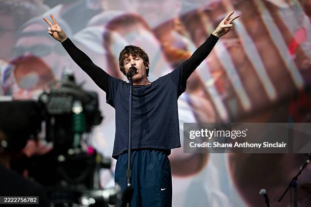 June 29: Brendan Yates of American hardcore punk band "Turnstile" performs during day five of Glastonbury festival 2025 at Worthy Farm, Pilton on...