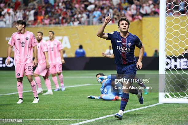 Joao Neves of Paris Saint-Germain celebrates scoring his team's first goal during the FIFA Club World Cup 2025 round of 16 match between Paris...