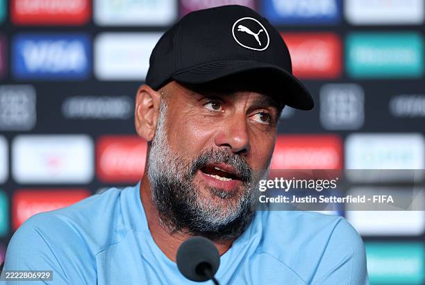 Pep Guardiola, Head Coach of Manchester City, speaks during the Press Conference ahead of their FIFA Club World Cup 2025 match against Al Hilal at...
