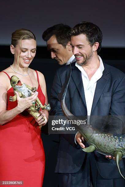 American actress/singer Scarlett Johansson and English actor Jonathan Bailey attend the premiere of 'Jurassic World Rebirth' on June 29, 2025 in...