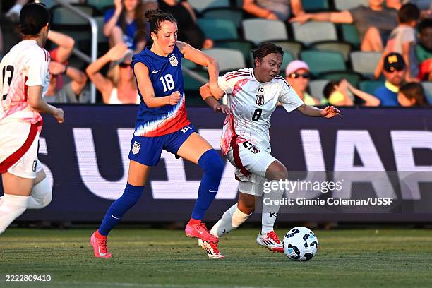 Samantha Rich of United States and Rinka Iwata of Japan battle for the ball during the International Friendly match between United States U17 and...