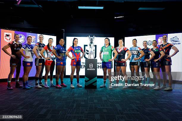 The captains of all 12 NRLW teams pose for a photo during the 2025 NRL Women's Premiership Media Launch at at Rugby League Central on June 30, 2025...