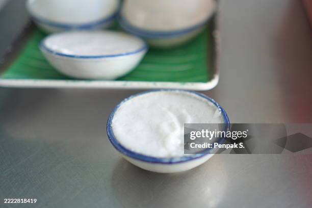 coconut milk custard in small porcelain cup - lait de noix de coco photos et images de collection