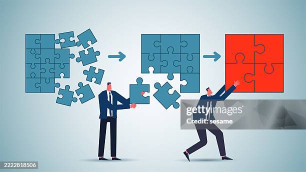 the concept of reorganization, business mergers, small jigsaw puzzles making up big jigsaw puzzles making up bigger jigsaw puzzles - integrated marketing strategy stock illustrations