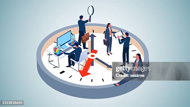 time management, project planning and progress, a group of businessmen working on an isometric clock. - exchange rate board stock illustrations