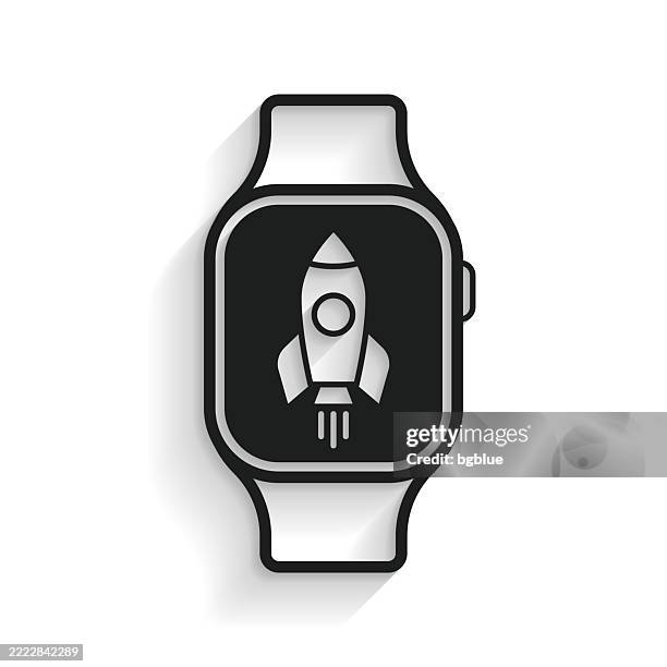 smartwatch with rocket. icon with long shadow on white background - missile launch stock illustrations
