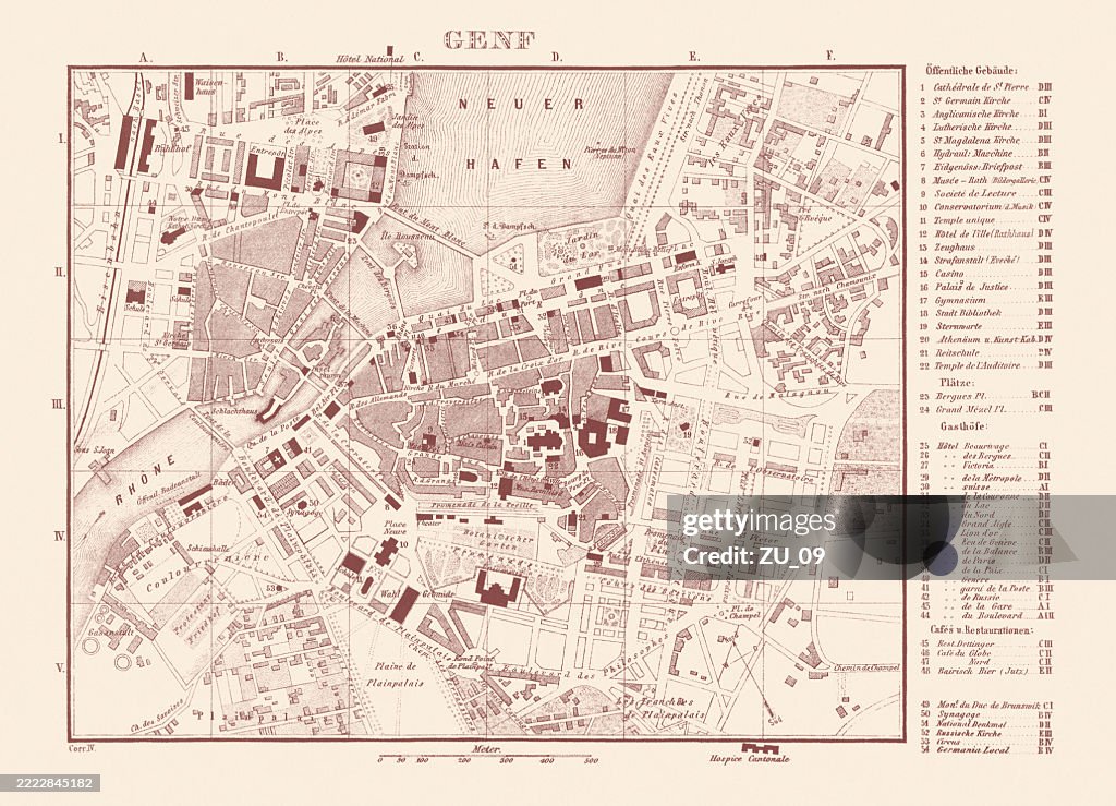 Historical city map of Geneva, Switzerland, lithograph, published in 1880