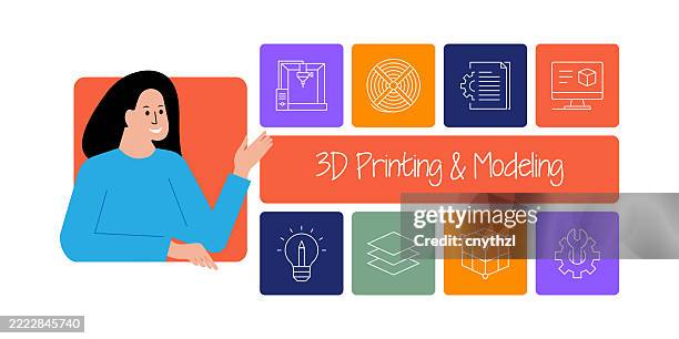 3d printing and modeling line art banner design. project, industry, filament, creativity, layers. - folder mockup stock illustrations