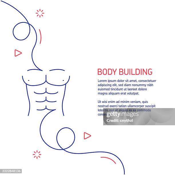 continuous line drawing of body building icon. hand drawn symbol vector illustration. minimalist design with thin blue and red lines. - flexing arm stock illustrations