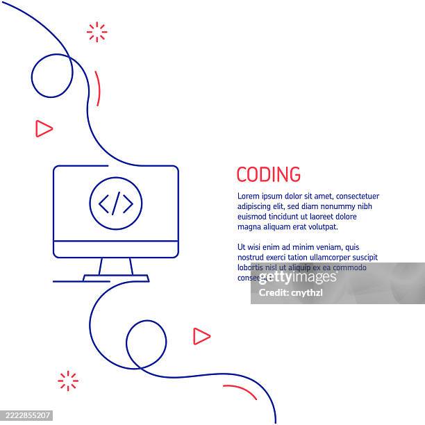 kontinuierliche strichzeichnung des codierungssymbols. handgezeichnete symbol-vektor-illustration. minimalistisches design mit dünnen blauen und roten linien. - kontinuität stock-grafiken, -clipart, -cartoons und -symbole