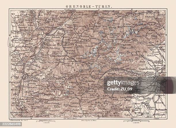 map of grenoble and turin region (france/italy), chromolithograph, published 1880 - french alps stock illustrations