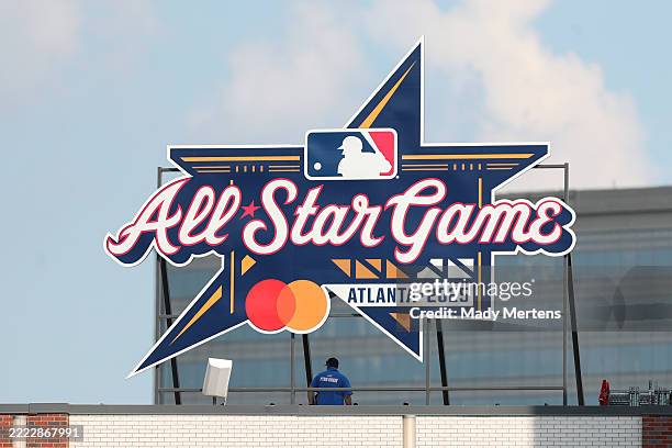 Detail shot of an 'All-Star Game Atlanta 2025' sign in the outfield prior to the game between the Baltimore Orioles and the Atlanta Braves at Truist...
