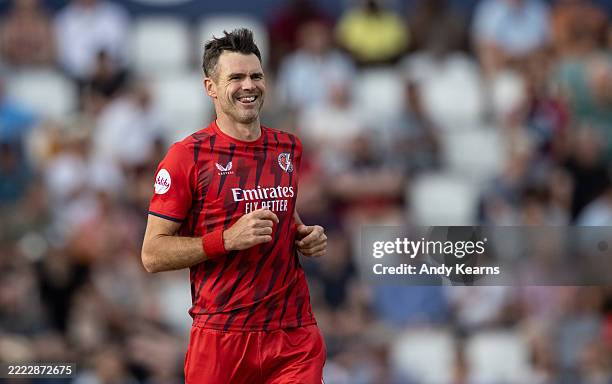 James Anderson of Lancashire Lightning celebrates after taking the wicket of David Willey of Northamptonshire Steelbacks during the Vitality Blast...