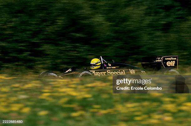 Ayrton Senna from Brazil driving the John Player Special Team Lotus-Renault 98T Renault V6 turbo during practice for the Formula One Austrian Grand...