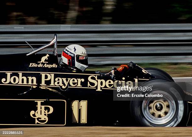 Tight cockpit side view of Elio de Angelis from Italy driving the John Player Special Team Lotus Lotus 95T Renault V6 turbo during practice for the...