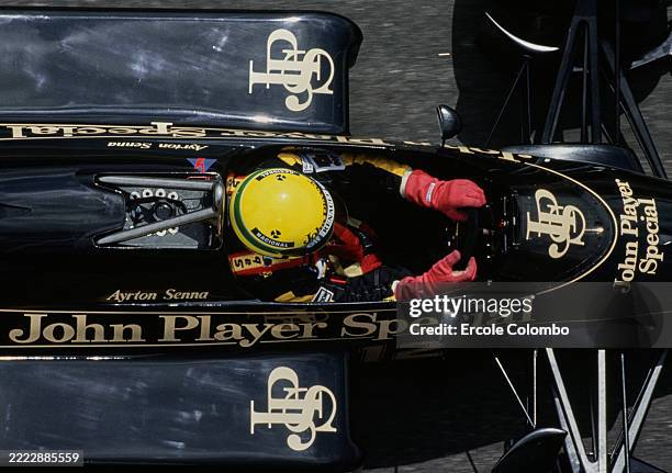 Overhead cockpit view of Ayrton Senna from Brazil driving the John Player Special Team Lotus-Renault 97T Renault V6 turbo during practice for the...