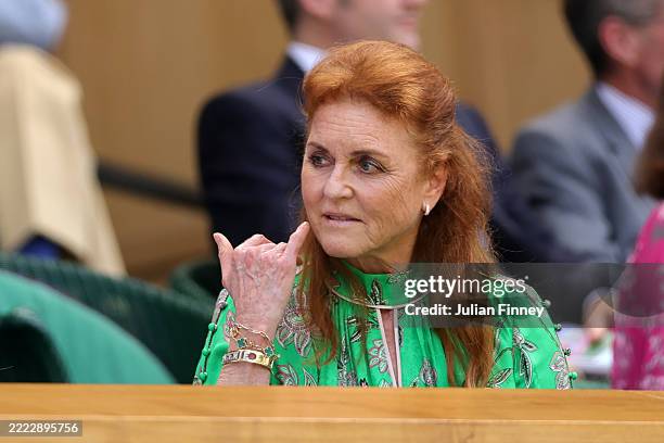 Sarah Ferguson, Duchess of York, is seen in the Royal Box prior to the Gentlemen's Singles first round match between Fabio Fognini of Italy and...