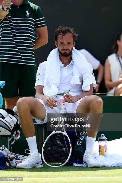 Daniil Medvedev reacts during a break between sets against Benjamin Bonzi of France during the Gentlemen's' Singles first round match on day one of...