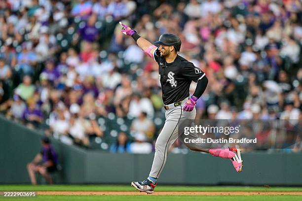 Edgar Quero of the Chicago White Sox celebrates his sixth inning solo home run against the Colorado Rockies at Coors Field on July 4, 2025 in Denver,...