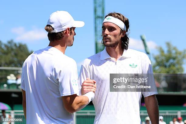 Stefanos Tsitsipas of Greece retires against Valentin Royer of France during the Gentlemen's Singles first round match on day one of The...