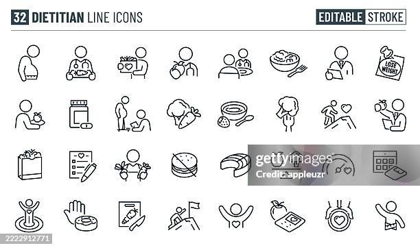ernährungsberater thin line icons - bearbeitbarer strich - zu den symbolen gehören ein ernährungsberater, ernährungsberater, gesundes essen, diät, gesundes essen, diät, gewichtsverlust, gesundheit und wellness, gemüse - ernährungsberater stock-grafiken, -clipart, -cartoons und -symbole