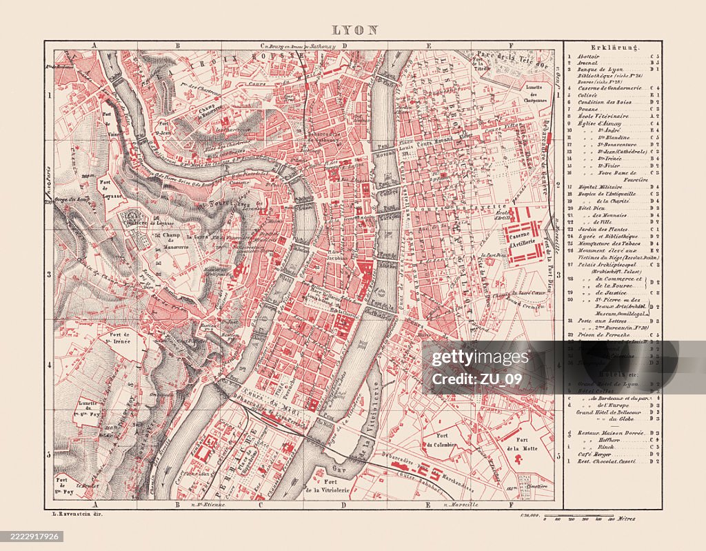 Historical city map of Lyon, France, lithograph, published in 1880