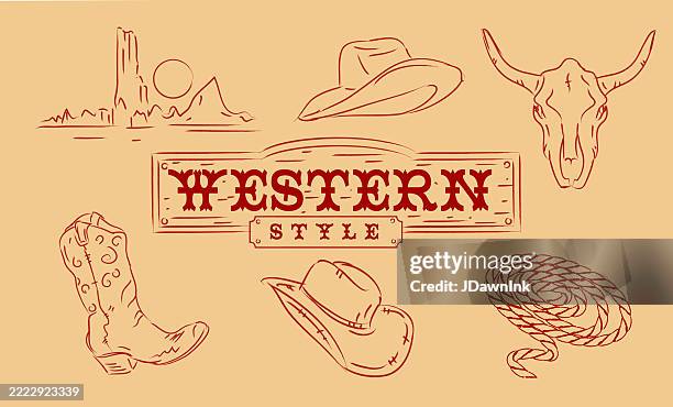 illustrations, cliparts, dessins animés et icônes de l’ensemble d’éléments de cow-boy de pays et de western comprend un panneau en bois western - country music