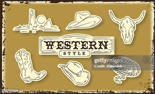 stockillustraties, clipart, cartoons en iconen met set of country and western cowboy elements includes western wooden sign - wilde westen